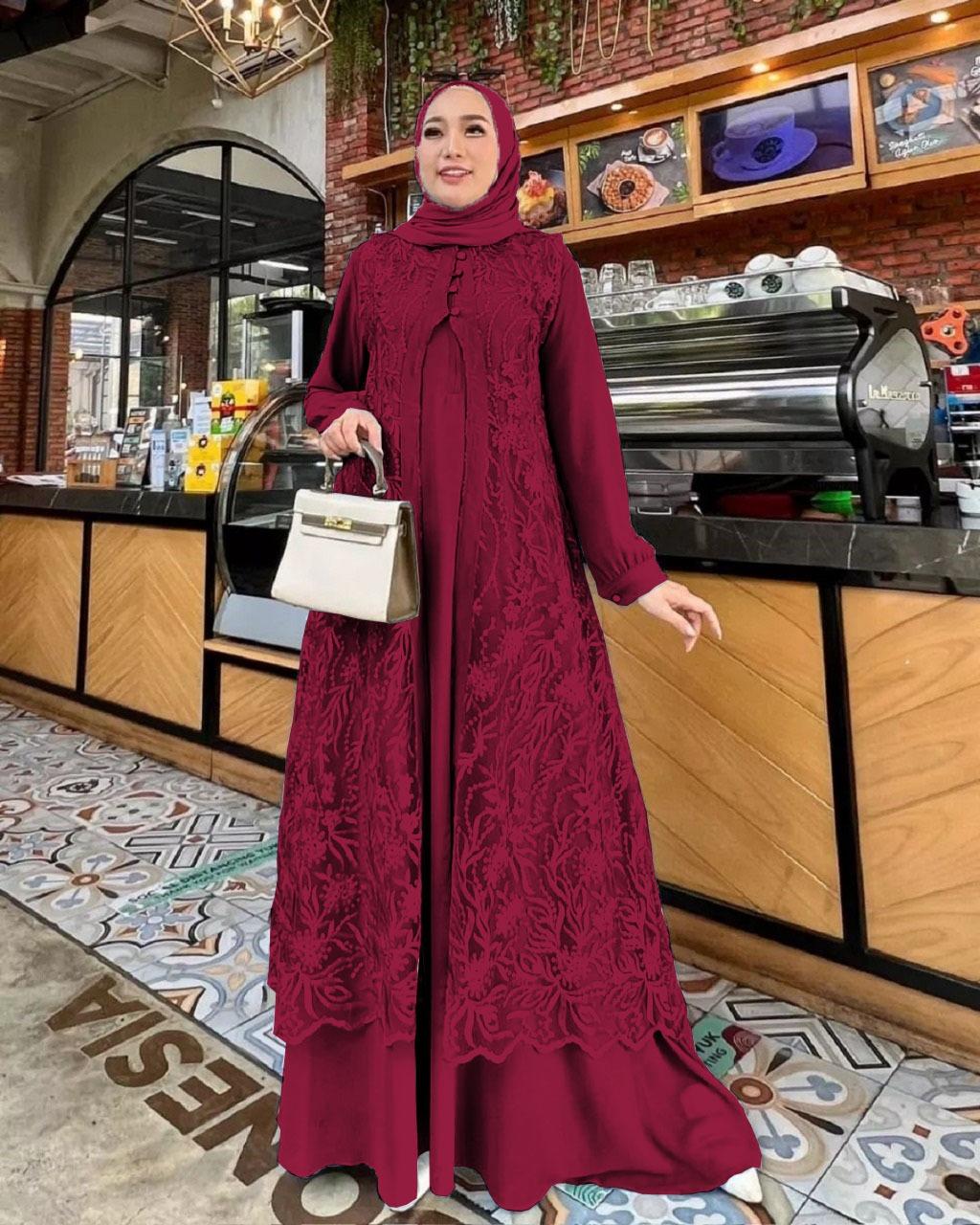 Duhayu Maxi Gamis Brukat Mewah Dua Layer Size S - 3XL Bahan Ceruty Babydoll Full Furing Terbaru 2026 Lebaran Dress Panjang Brokat Kondangan Wanita Dewasa Gaun Pesta Remaja