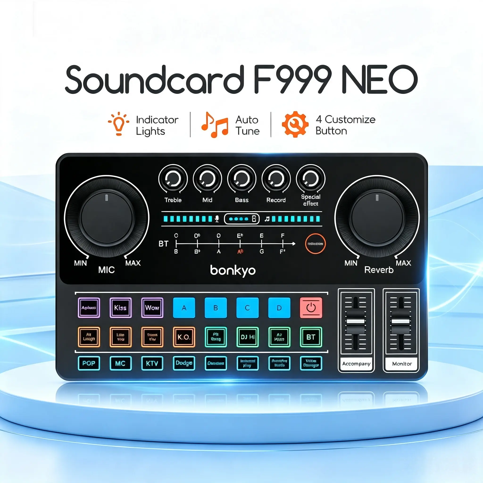 Bonkyo Soundcard F999NEO – Kartu Suara Mixer Audio Profesional dengan Chip DSP, Layar LED Sentuh & Baterai 1800mAh untuk Live Streaming, Karaoke & Rekaman, Kompatibel dengan Laptop