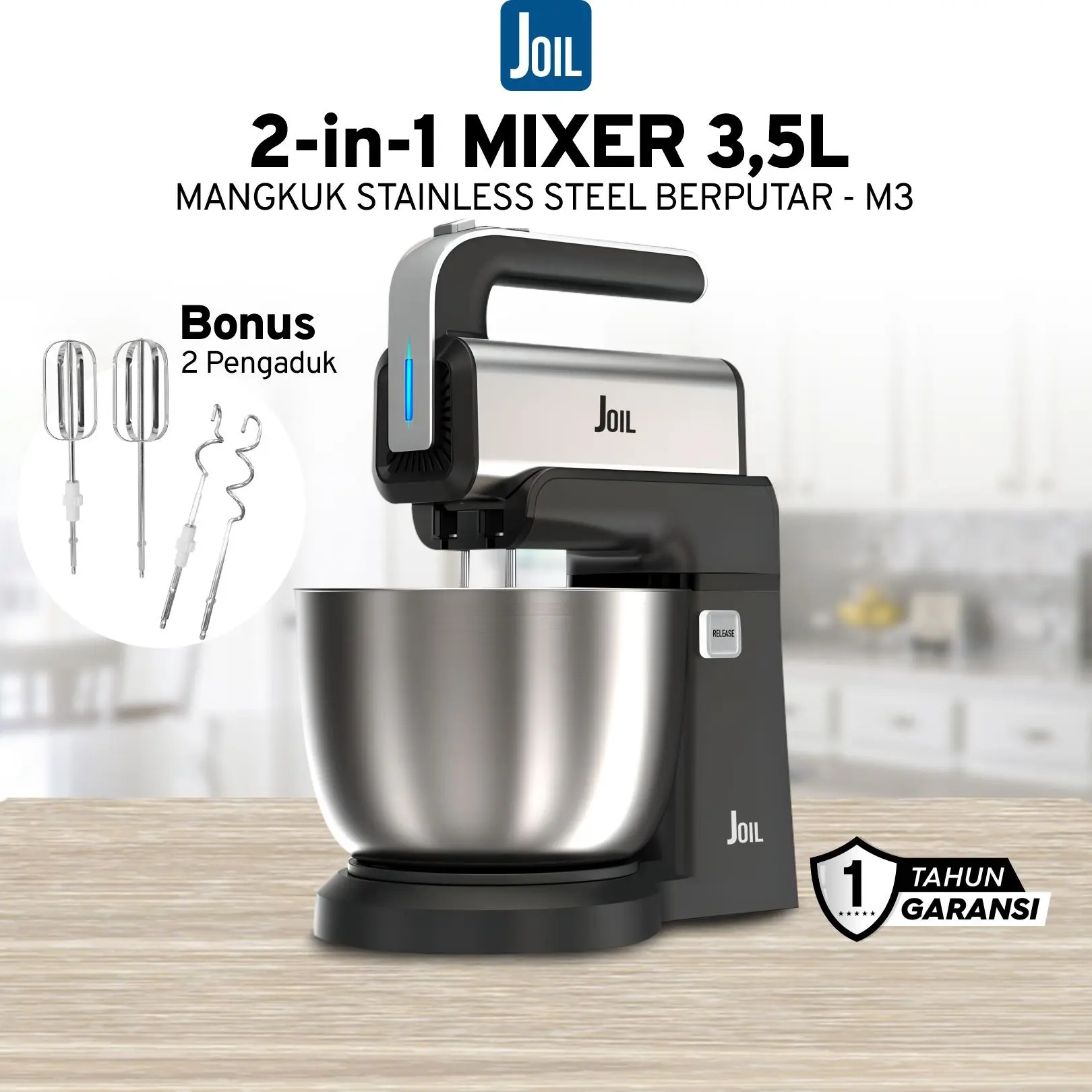 Joil Hand Mixer - Stand Mixer 3.5 Liter Bowl Stainless Steel 2in1 Mixer 5 Speed dan Mesin Turbo - M3