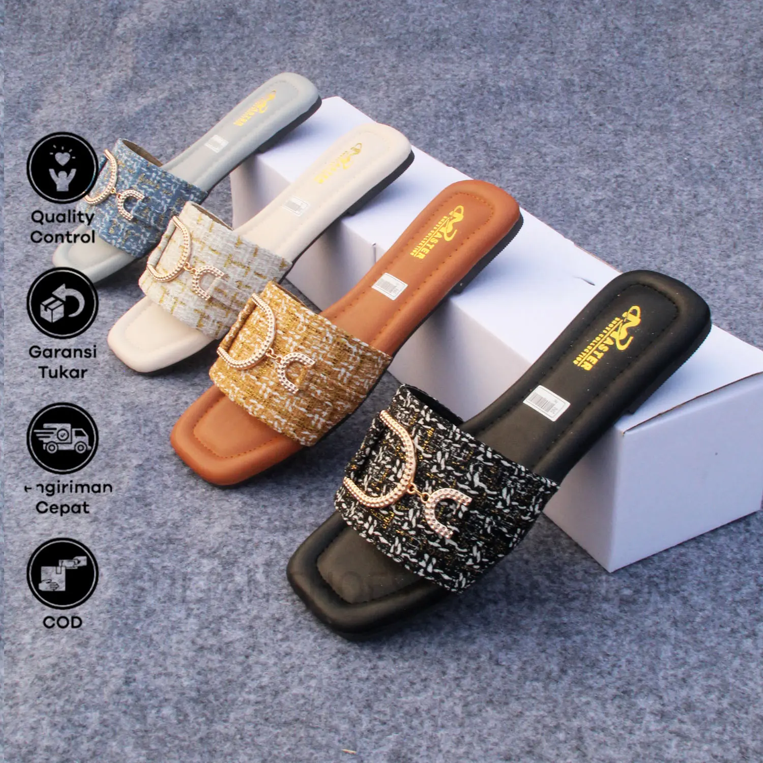 Sultan Shoes - | Sandal Wanita Pesta Kasual Kekinian Flat Teplek Slop Kokop Canvas Kobe Strap Dasi Tali Rantai D Trendy Terbaru | Sendal Selop Prempuan Kain Cirak Batik | Sndal Flip Flop Slip ON  Cewek Slide Anti Licin