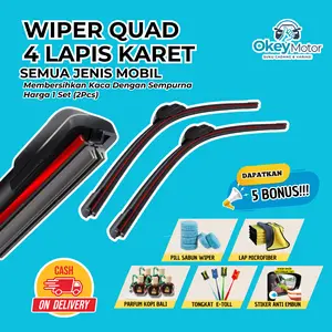 Wiper Mobil Quad 4 Lapis Karet Universal 1 Set Kiri dan Kanan Bonus 5 Item Pembersih Kaca Depan
