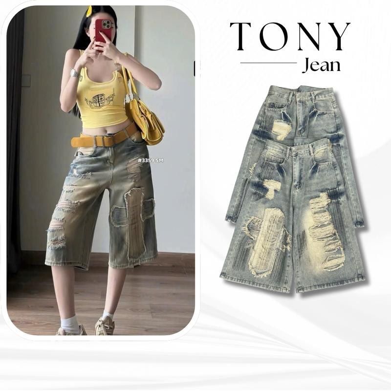 ( S-XXL) Quần Jean Lửng ( Ngố) Rách Chữ Thập . Hai Màu Đậm Nhạt 9051 và 9047 TONY Jean Ôm Eo Tôn Dáng  QUẦN JEAN LỬNG RÁCH CHỮ THẬP – ĐẬM CHẤT CÁ TÍNH, MẶC LÀ CHẤT