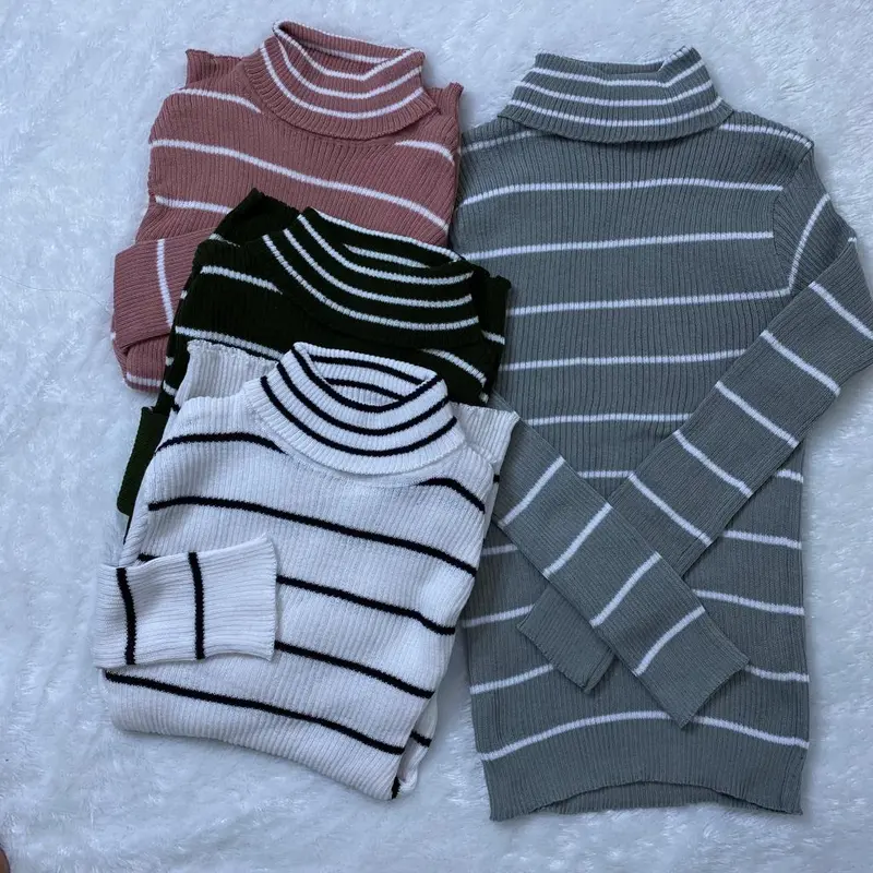 Basic Stripe Turtleneck Atasan Wanita/Atasan Rajut/Turtleneck Rajut Baju Panjang 0