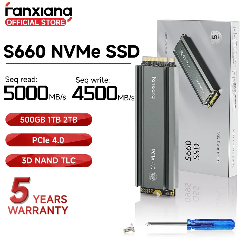 Fanxiang S660, Ổ SSD PCIe4.0 M.2 NVMe SSD, 1TB hoặc 2TB, với bộ tản nhiệt, dành cho máy tính để bàn, PS5