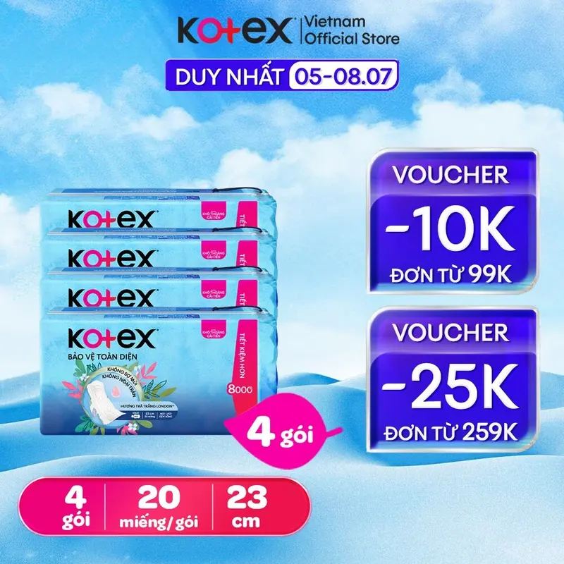 Lốc 4 gói/Combo 12 gói Băng vệ sinh Kotex Hỗ trợ Bảo Vệ 23cm Dày Cánh 20 miếng/ gói 1