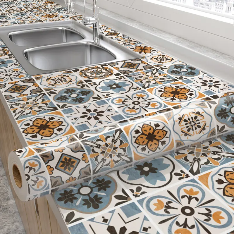 sticker dapur anti api air dan minyak panas alumunium foil 6 meter X 60cm motif batik biru coklat Dinding Wallpaper