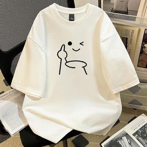 女性用半袖Tシャツ、ラインを怪しむ表情丸首、ゆったり、純綿カジュアルトップス、丸首、ショルダーベルト、ゆったりシルエット、通気性、肩落ちデザインプリントTシャツ夏のゆったりタイプ