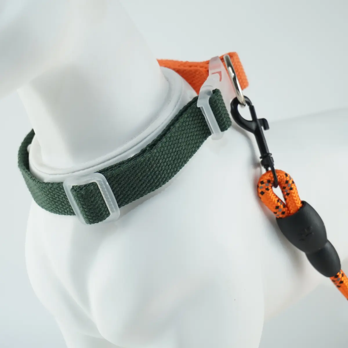 Pet Collar and Leash Set Forest green with bright orange, adjustable, ready for outdoor activities.