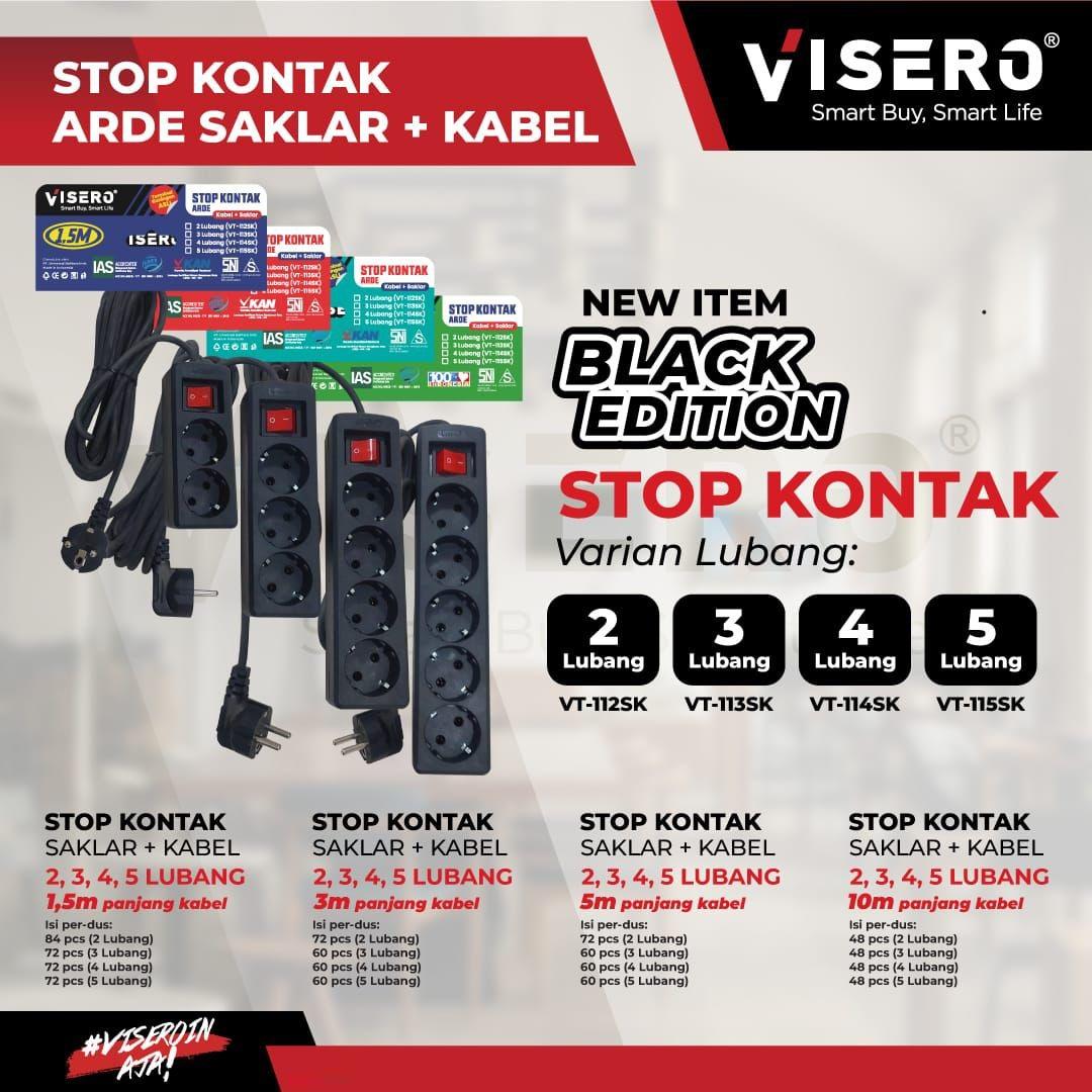 VISERO Stop Kontak/Terminal 5 Lubang Body HITAM Kabel 10M dengan Switch On/Off SNI Kabel Asli Tembaga Tahan Panas Kuat Tahan Lama