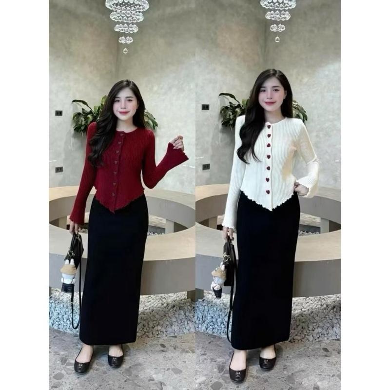 Áo len kiểu áo len gân đũa cúc tim tay loe vạt nhọn tiểu thư BIGSIZE