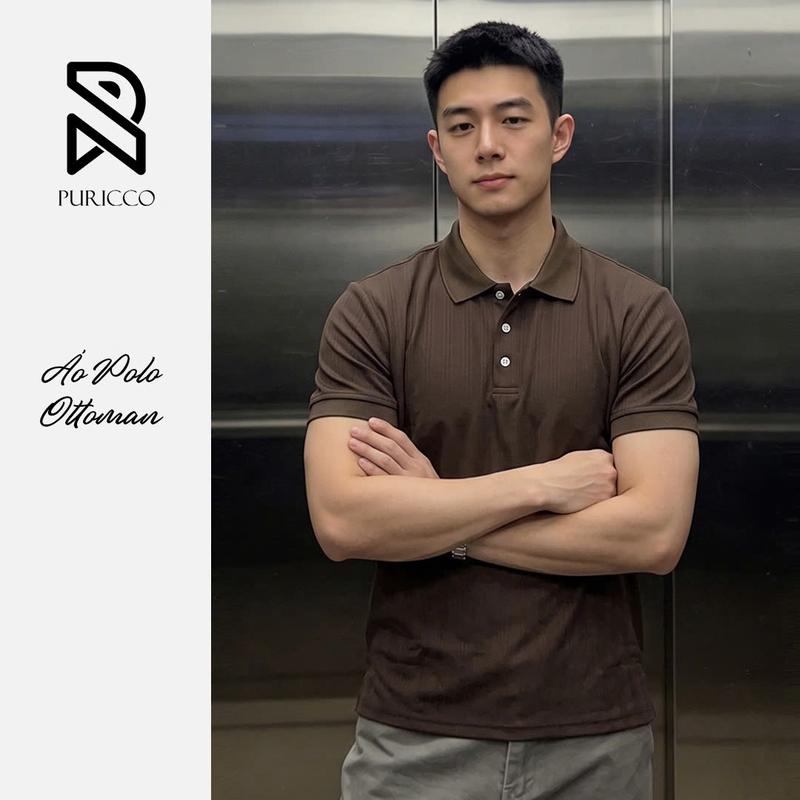 Áo Polo PURICCO Áo Polo Ottoman nam màu nâu cổ bẻ tay ngắn phong cách cơ bản