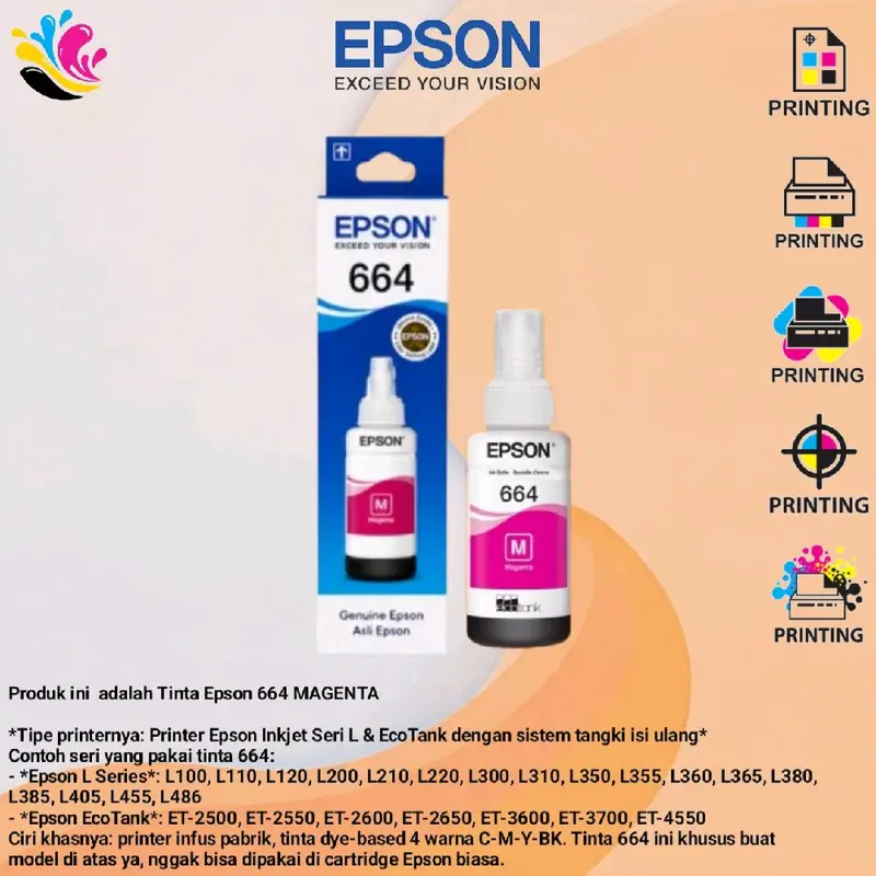 Tinta EPSON 664 Original C M Y K For Printer L100 L110 L200 L210 L300 ...