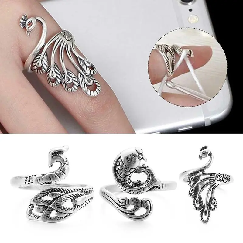 Adjustable Open Finger Ring for Knitting Loop Crochet Accessories Peacock Shape Finger Ring Thimble Yarn Guides Ring