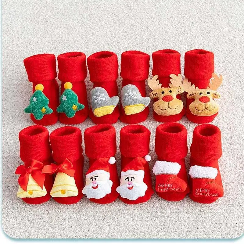 Giày Đi Trong Nhà Hoạt Hình Cho Em Bé Dày Dặn, Không Trơn Trượt, Thích Hợp Cho Năm Mới Và Mùa Đông, Tất Giáng Sinh, Cho Trẻ Em Và Trẻ Mới Biết Đi, Tất Em Bé Đi Trong Nhà Màu Đỏ