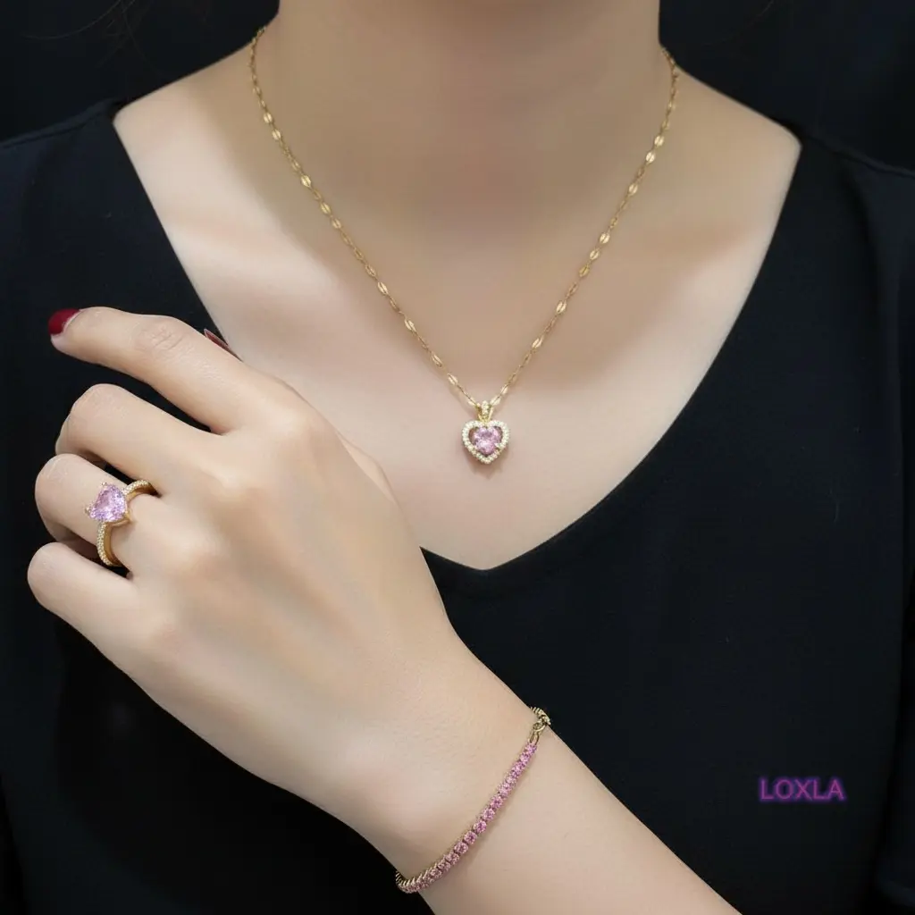 Kalung Love Pink Permata Gelang Klip Mata Deret Pink Hygea dan Cincin Batu Love Pink Elegan Loxla