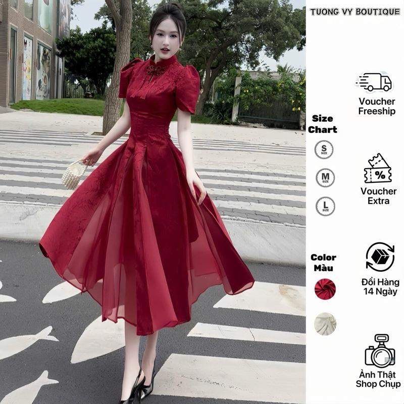  Váy SƯỜN XÁM Cách Tân DỰ TIỆC Nút Dây Cổ Cách Điệu Dáng Xoè Dài Bồng Bềnh Phối Tà Lưới Xếp Ly Chất Gấm Thuê Hoa Lót Đúp Thích Hợp ĐI CƯỚI LỄ HỘI..vv...Phong Cách Trung Hoa Sang Trọng Thanh Lịch Dành Cho Nữ Ôm gọn Có hoa Có Lót Đúp  - TUONGVY006 Dress Wom 