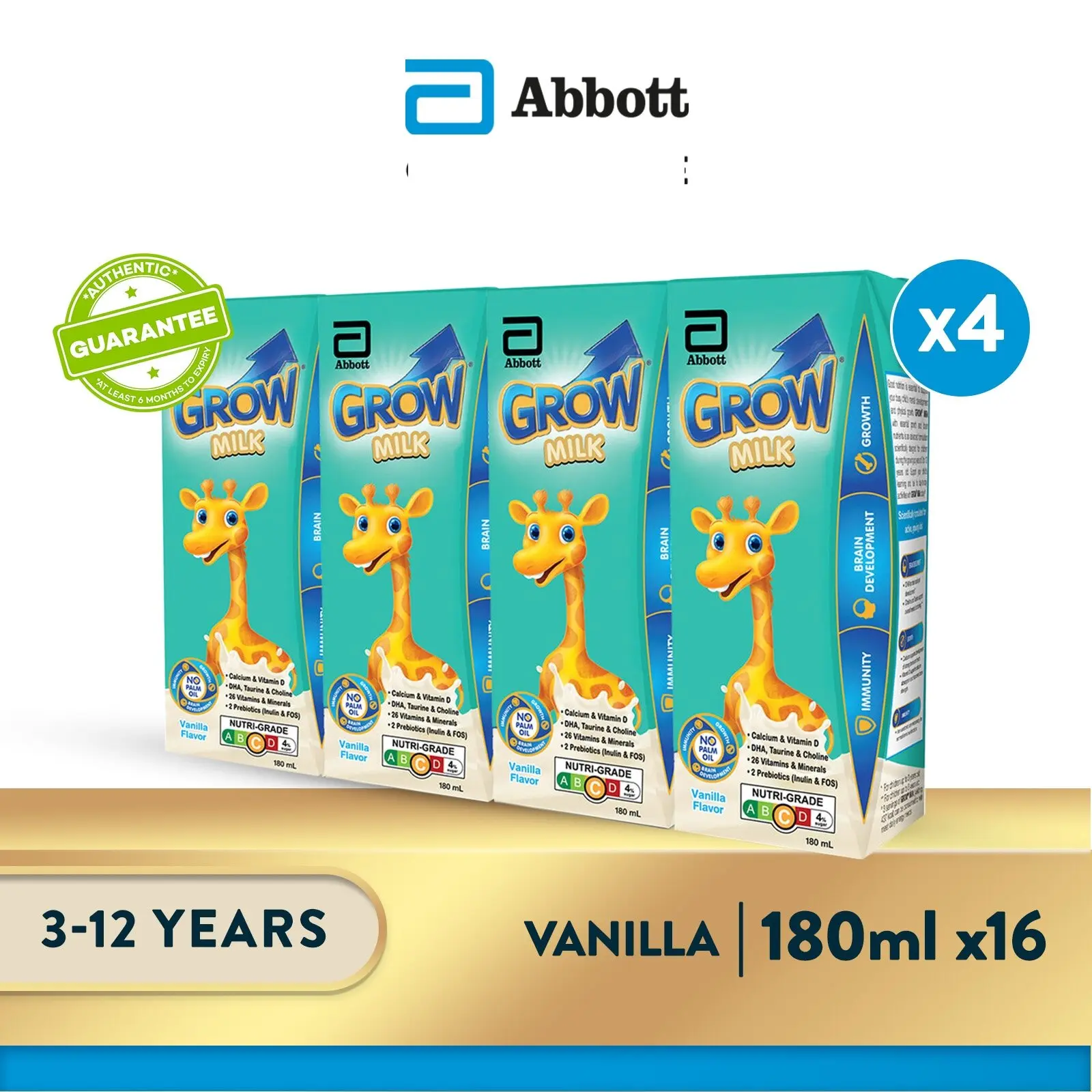 [Bundle of 4] GROW Growing Up Milk for Kids - Ready-To-Drink Vanilla (3 - 12 years) - 4x180ml