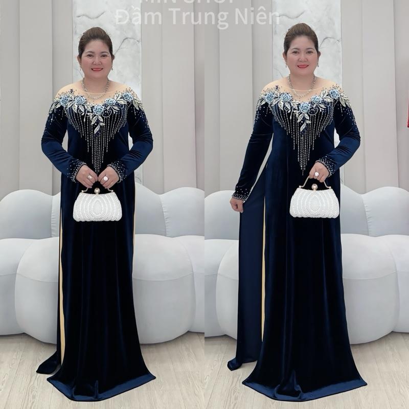  MIN SHOP - Áo dài quần rời Nhung TRUNG NIÊN thiết kế ket hoa cao cấp Nữ Dress Women Voan Voi 