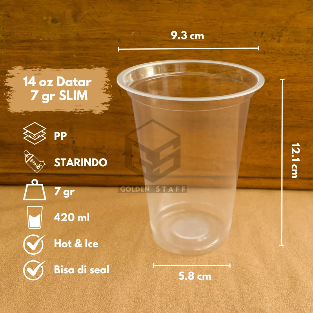 (50 pcs) Gelas Plastik Cup Datar | PP 14 oz 7 g SLIM | Merk Starindo | Hot & Ice | Bisa di Seal
