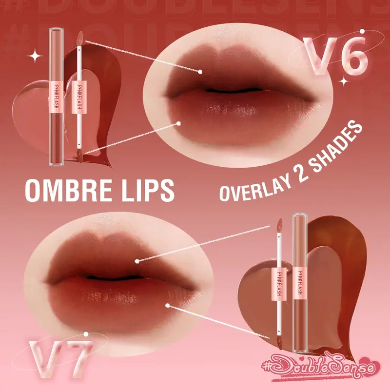 PINKFLASH 2 In 1 Dual-ended Matte Lipstick Liquid Lipstick Velvet Tint Duo Liquid Lipstik Ombre Tahan Lama 3
