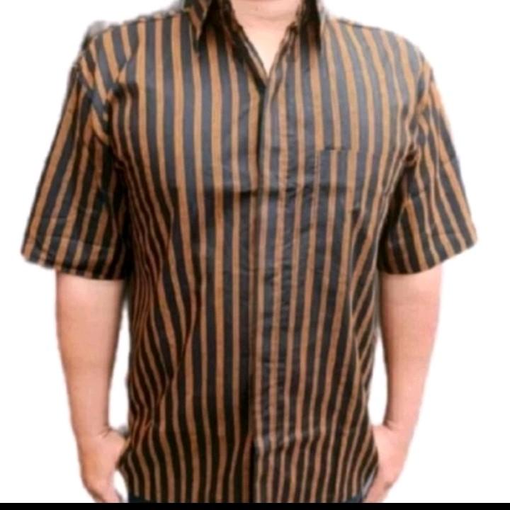 kemeja lurik tenun halus lengan pendek Hem Atasan Pria Dewasa Hitam Salur Formal Katun halus 5