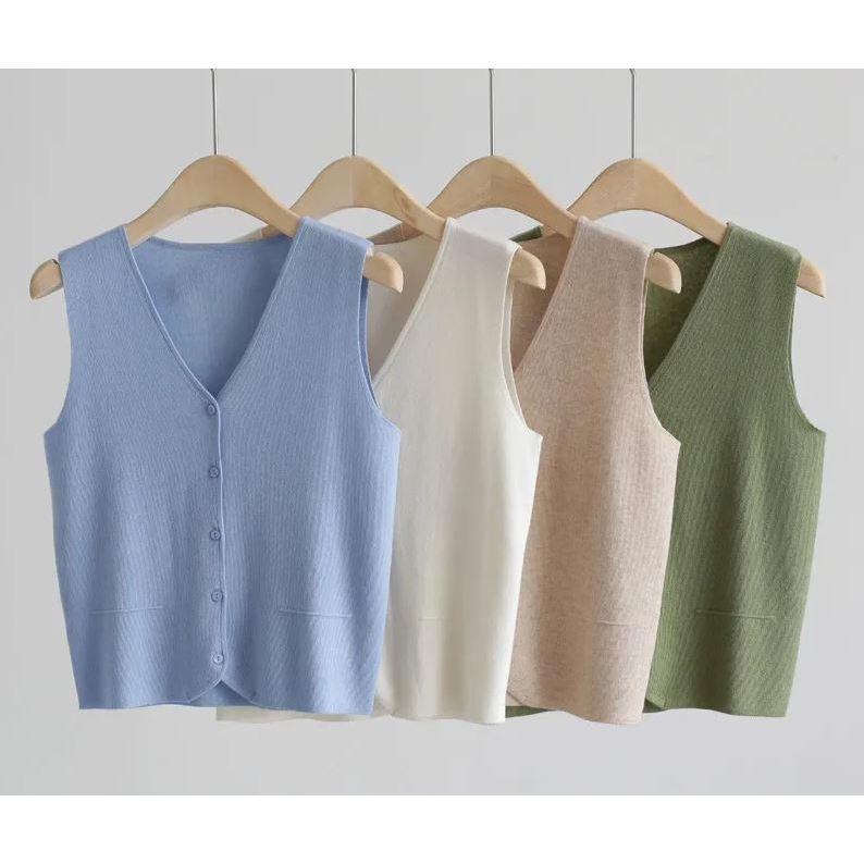 PEACHIE | BJ1579 Baju Wanita Rajut Sleeveless Knit Atasan Rompi Kerah V Pakaian Korean Style  Crop Tank Panjang Top Sweater Outer 4