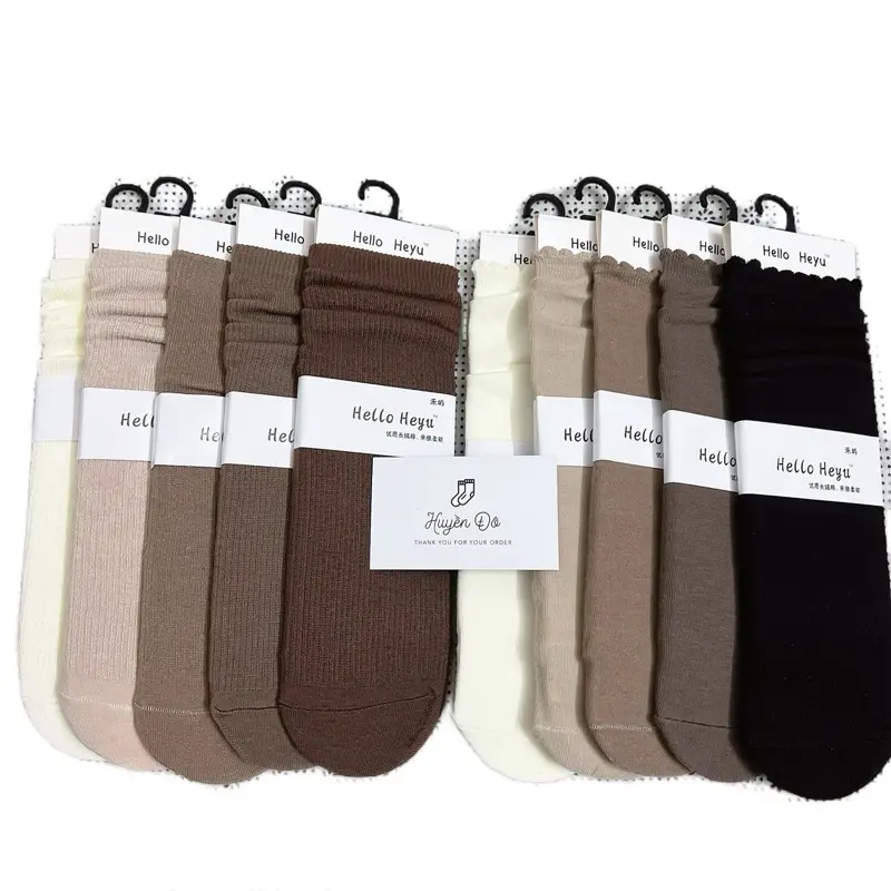 Sét 5 đôi tất cotton nữ cổ trung màu nâu kem phong cách dễ thương tối giản dễ phối đồ (TNU89) 0