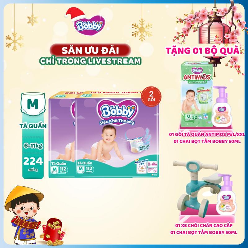 KOL COMBO 2-TẶNG QUÀ Bobby Tã bỉm quần M112 L96 XL84 XXL76 Siêu khô thoáng