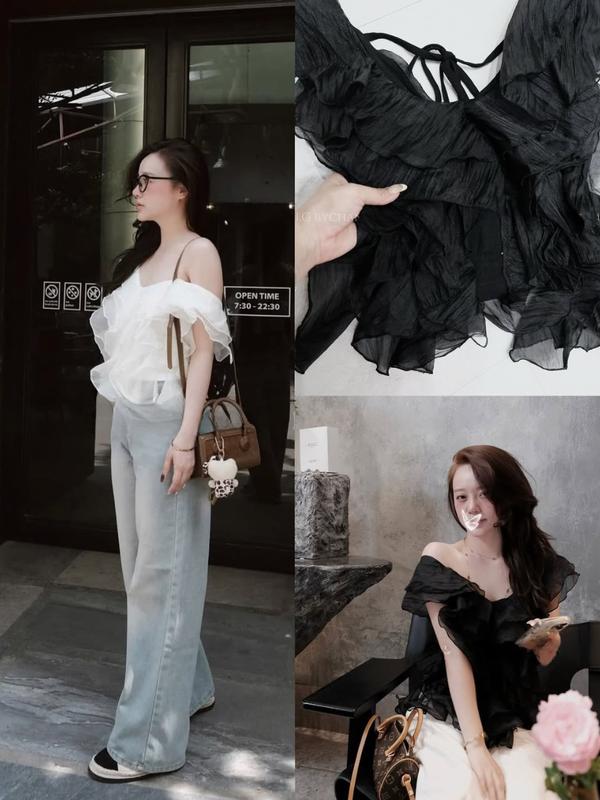 M26 Áo tơ sóng trễ vai dáng croptop bồng bềnh nữ tính