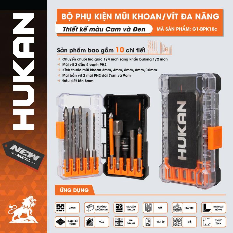 Bộ Mũi Vít Khoan Đa Năng HUKAN 10 15 43 Chi Tiết - Khoan Tường Gỗ Sắt Gạch Gốm