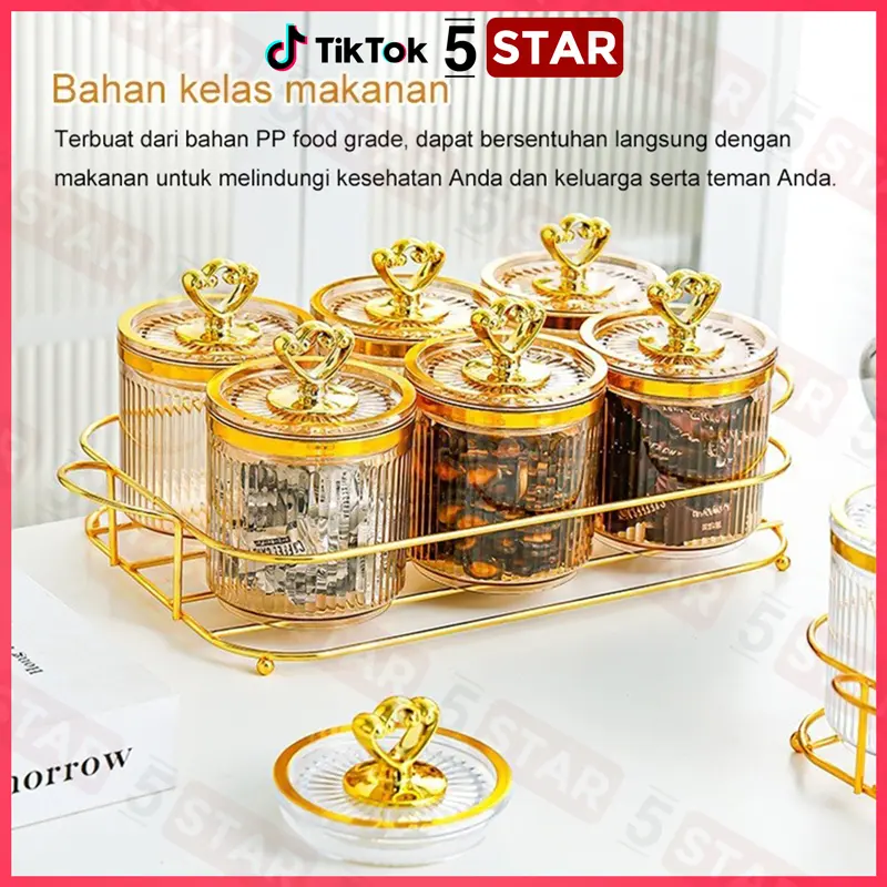 【Flash Sale】5STAR Set Toples Gold & Nampan Mewah - Guci & Kotak Penyimpanan Kue, Camilan, Dapur, Set Tangki Segel Plastik, Desain Elegan untuk Lebaran 0