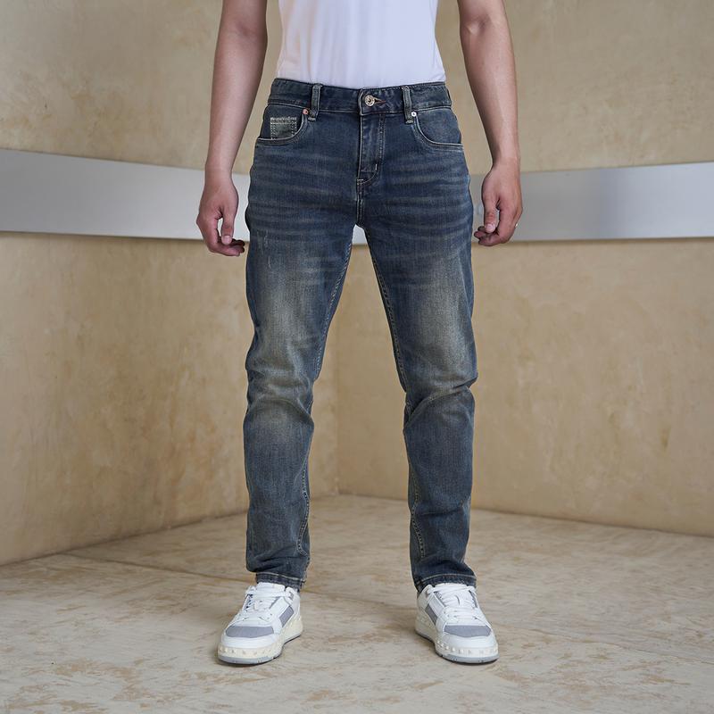 Quần jean nam trơn màu xanh retro wash nhạt chất bò đẹp co dãn tốt 4 chiều Có Túi form dáng skinny boy phố QS57 Menswear Pants