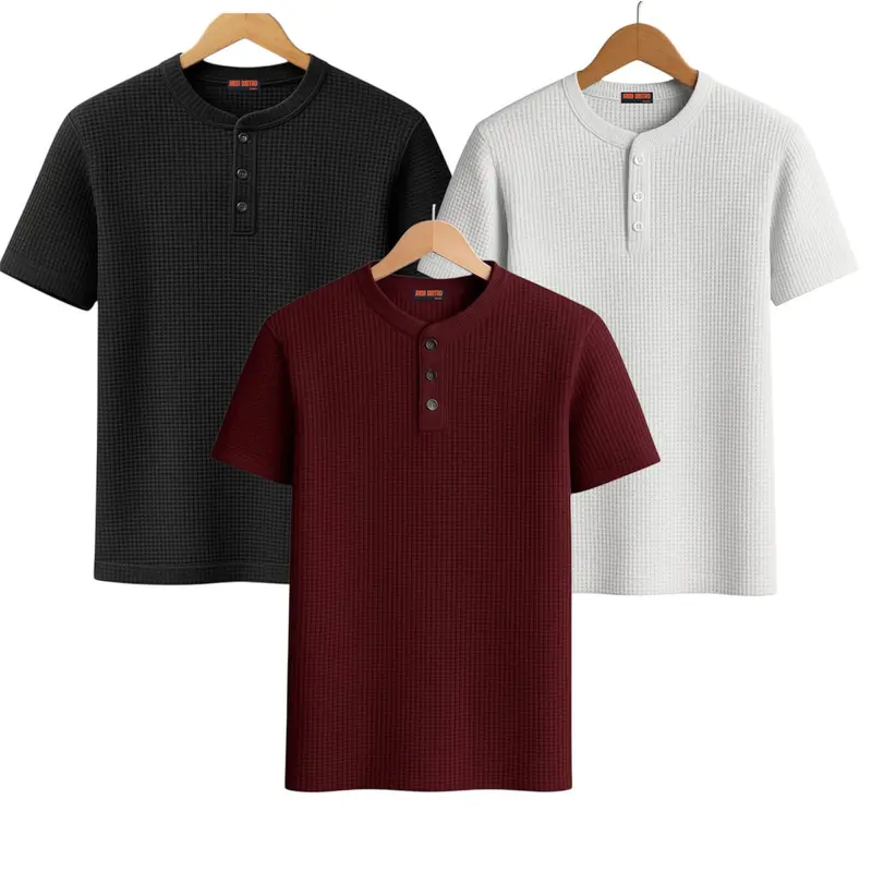 Paket 3 Pcs Kaos Pria Polos Waffle Kancing Shanghai Santai Crew Neck - Baju, Pendek 7