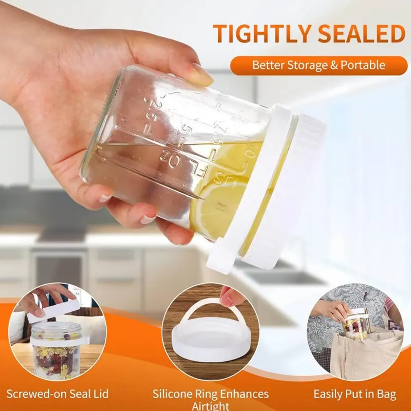 Lọ Yến Mạch Cả Ngày Có Thể Tái Sử Dụng, Dung Tích 350ml, Có Thìa, Kín Khí, Hộp Đựng Cốc Yến Mạch, Có Đánh Dấu Đo Lường 0
