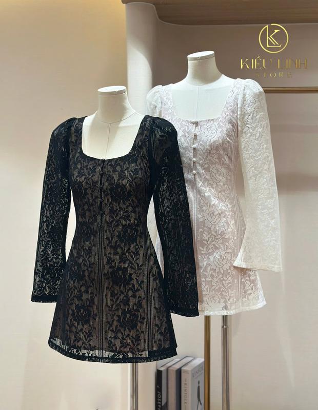 Kiều Linh - Váy Dự Tiệc KL581 Tay Dài Ren Thêu Hoa 3D Đối Xứng 2 Lớp Lót Giấu Đường May Kĩ Màu Đen Trắng Sang Trọng