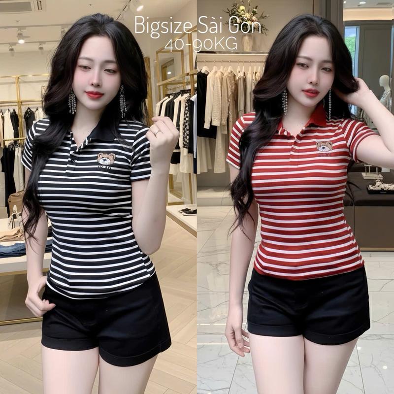  Bigsize Sài Gòn Áo Thun Nữ Cổ Polo Vải Borit Sọc Thêu Gấu Cao Cấp Thanh Lịch Bigsize 45–90kg Dễ Thương Nữ Women Top Nhung - B.1692 