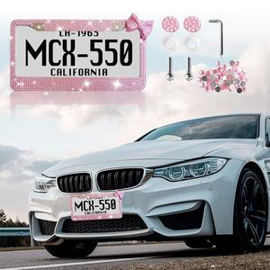 Marco de placa de licencia con lazo y diamantes de imitación, soporte de placa de automóvil que parpadea para Estados Unidos, Canadá y México, decoraciones festivas, regalo de cumpleaños para auto nuevo