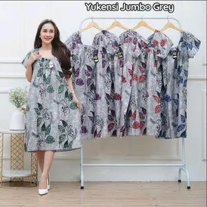 DAPAT! 2 DASTER BAHAN LEMBUT/ Yukensi Jumbo Grey - Gaun Batik Wanita Elegan dengan Motif Daun dan Warna Abu-abu