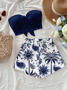 Conjunto de dos piezas para mujer con estampado de árbol de coco y flor de cacahuete, ideal para vacaciones, verano y moda primaveral