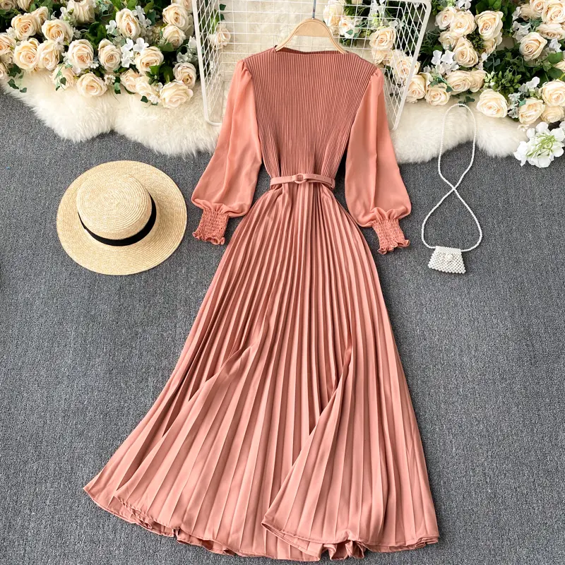 Korean StyLe Women Ladies Puff Long Sleeve Chiffon Slim Pleated Swing Maxi  Long Party Dress with Waist Belt Ready Stock - TikTok Shop Philippines