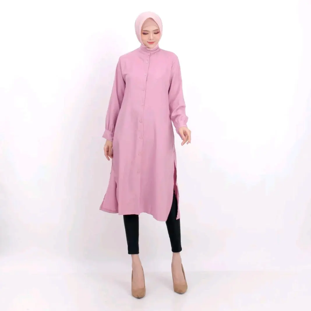 Atasan Wanita Tunik Panjang Polos Kerah Sanghai Shakila Twill Dress Muslim