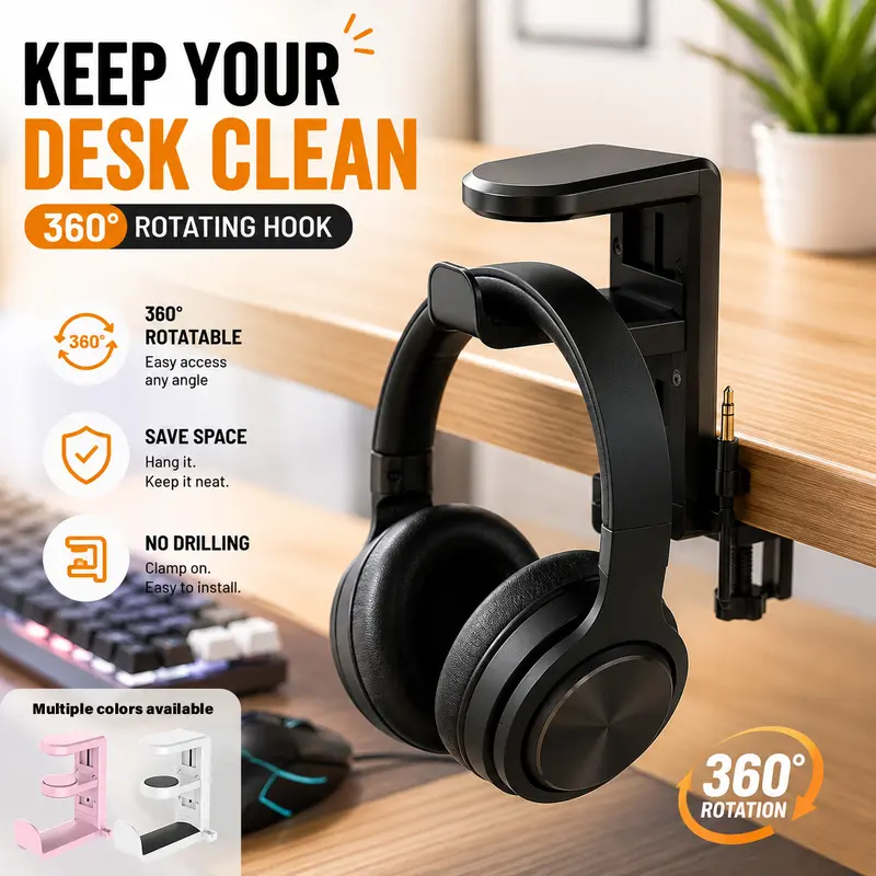 360° Swivel Headphone Stand Desktop Organizer for Gaming Headsets Stand Adjustable Clamp-on Headphone Holder Cable Clip Organizer- Space-Saving