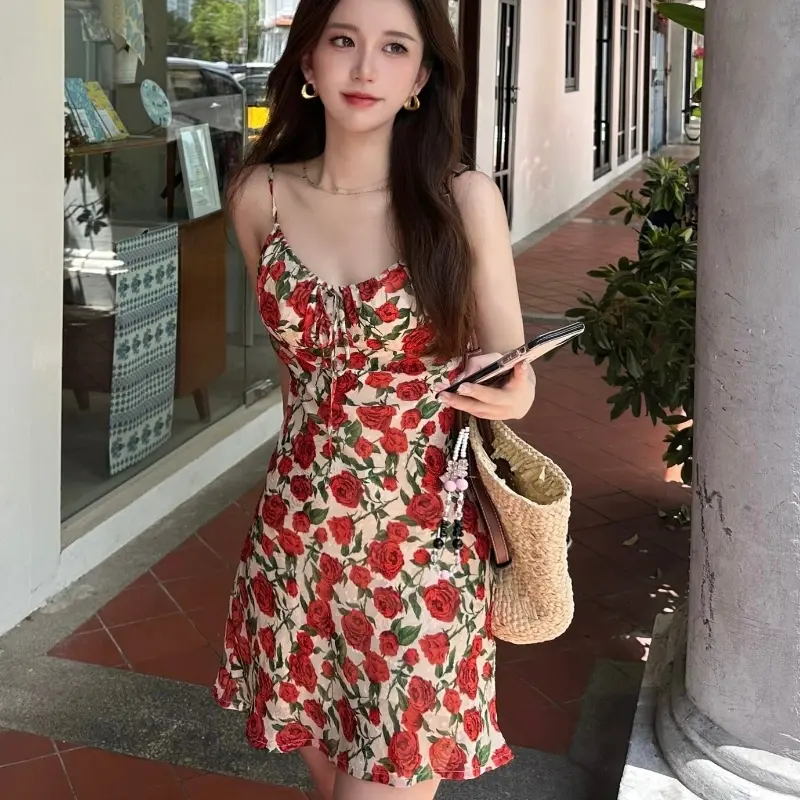 Vintage rose floral suspender dress for women's summer sexy casual women's lace up printed short skirt Womenswear Lingerie