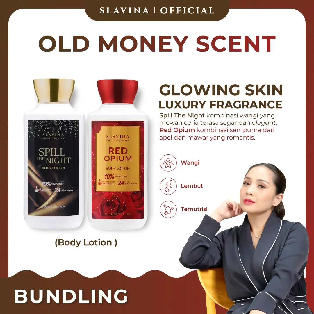 SLAVINA Body Lotion Spill The Night + Red Opium (Old Money Scent) by Nagita Slavina - 10% Niacinamide with Serum Burst Glutathione Moisturizing Whitening