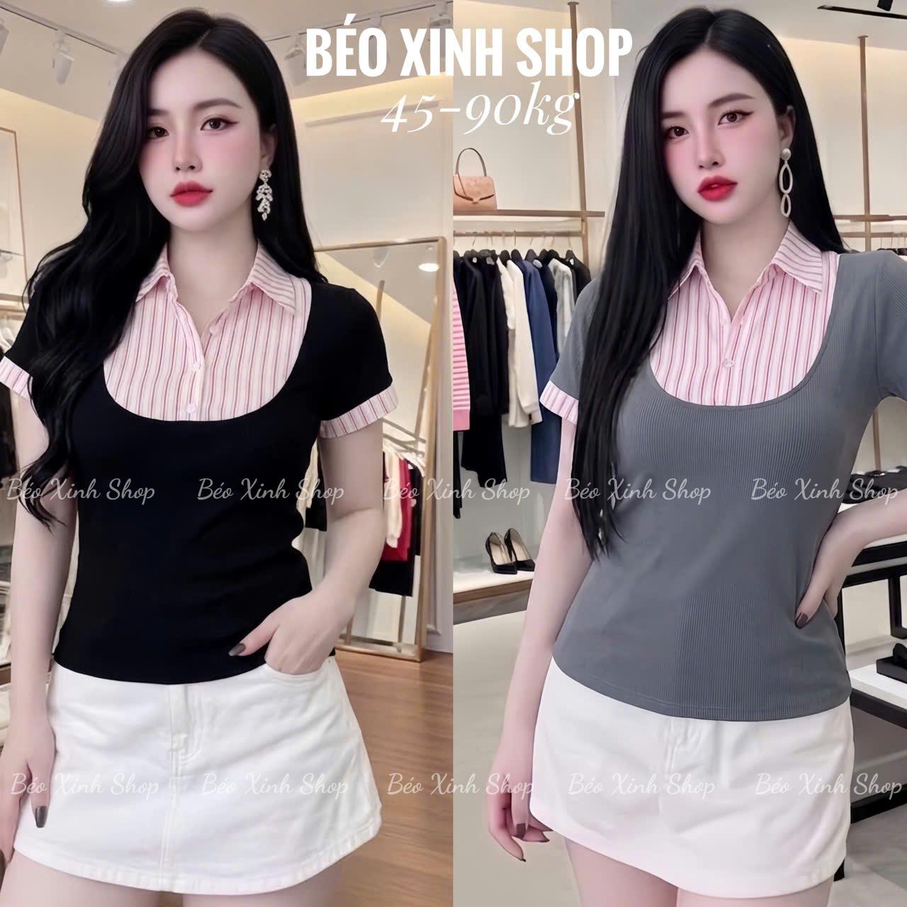 Thời Trang Bigsize Áo Thun Polo Phối Sọc Cotton Cao Cấp Thanh Lịch Vải Thun Gân Tăm Bigsize Từ 45 - 90Kg Dễ Thương Top Nữ Women - A.1773