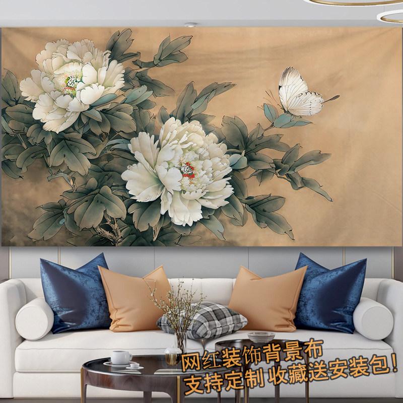Lukisan peoni bunga nasional bergaya Tionghoa untuk dekorasi ruang tamu, kantor, dan penyewaan rumah, kain latar dinding, karpet gantung untuk live streaming populer