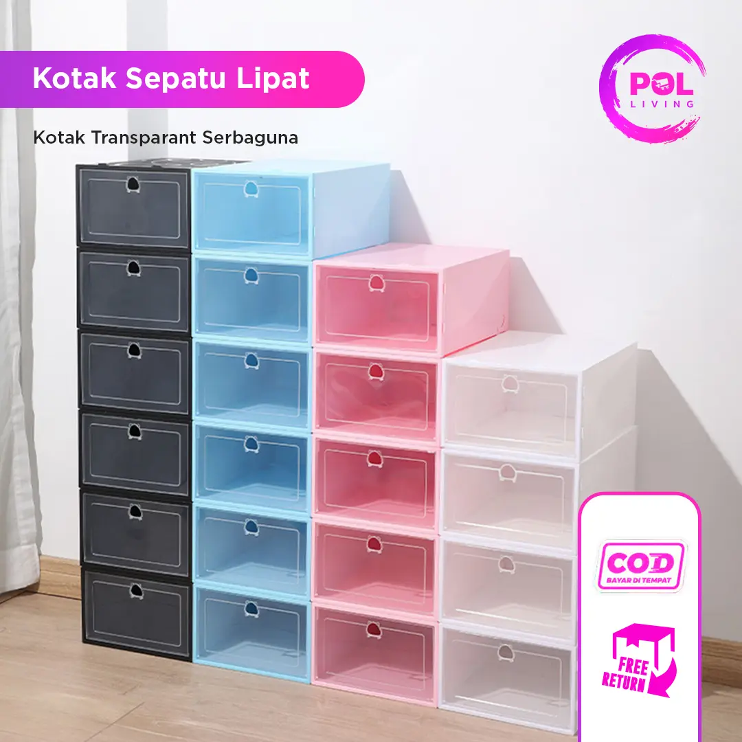 [POL] COD Kotak Sepatu Plastik Lipat Transparan | Folding Shoe Box Organizer | Rak Sepatu Susun Serbaguna