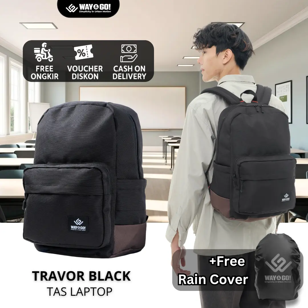 Way&Go! Travor Black Tas Ransel Minimalis Hitam Coklat - Backpack Laptop Travelling Tas Punggung Sekolah Kuliah Kerja