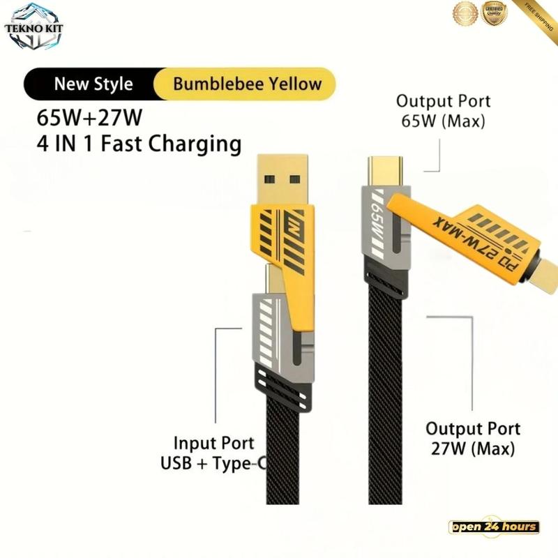 Kabel Data Fast Charging 4 IN 1 USB Type A, Type C, iOS Multiple Charging 27W + 65W Metal Data Cable Kabel Data USB A Dan TypeC IOS Iphone Dan TypeC Praktis Kabel Data 1 Meter Anti Kusut Kuat Kabel Data Multifungsi Kabel Charger 4 Port kabel  4 1