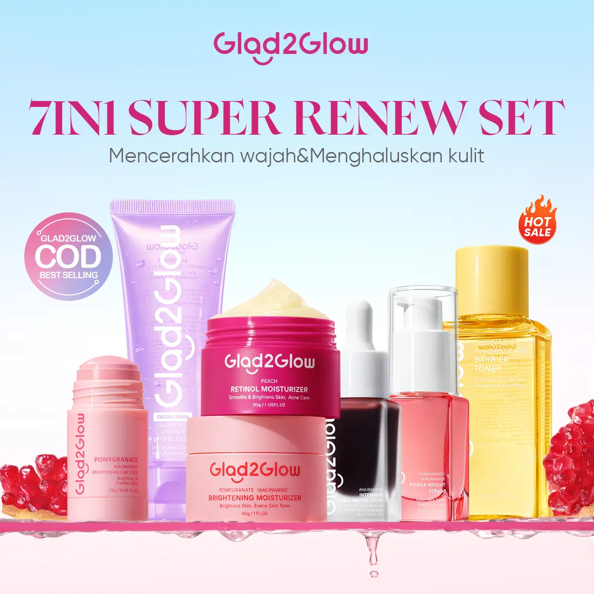 [Ready stock] Glad2Glow Renew bundle 7in1 -Brightening toner+Brightening Moisturizer+Milk Cleanser+Brightening Serum+Peeling solution+Retinol moisturizer Pomegranate Niacinamide Mencerahkan Wajah Mencerahkan Melembabkan Kulit skin skincare G2G